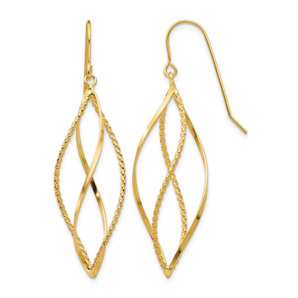 14k Polished and Textured Twisted Dangle French Hook Earrings, 44 x 13 mm