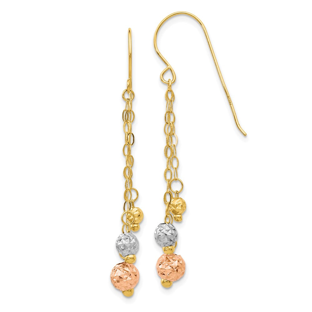 14K Tri-color Diamond-cut Beads and Chain Dangle French Hook Earrings, 45 x 10 mm