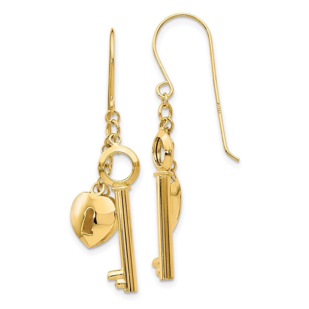14K Puffed Heart Lock and Key French Hook Earrings, 38 x 13 mm