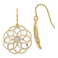 14k and White Rhodium Diamond-cut Floral Dangle French Hook Earrings, 32 x 20 mm