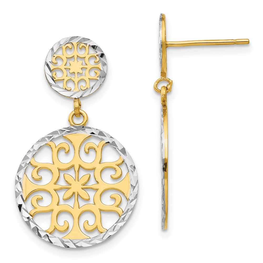 14k and White Rhodium Diamond-cut Filigree Circles Dangle Post Earrings, 28 x 17 mm