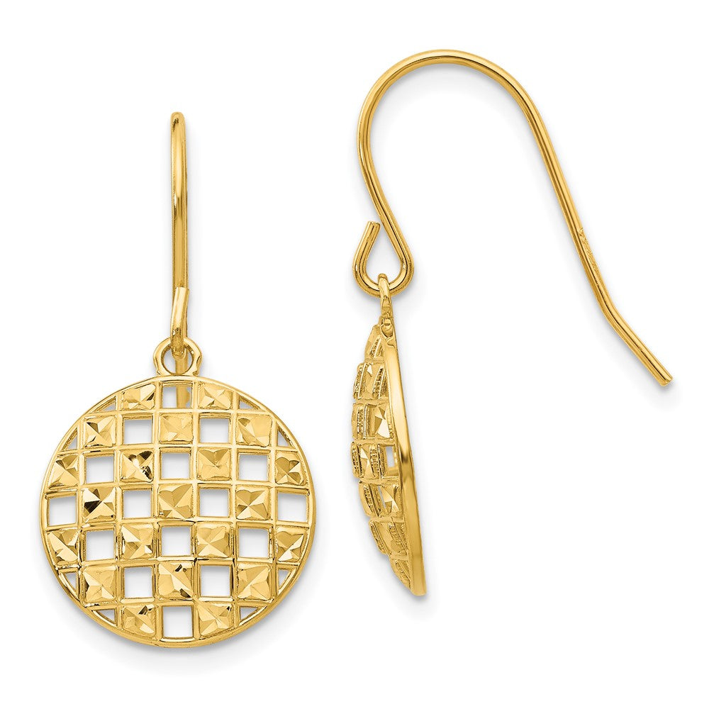 14k Circle Diamond-cut Checkerboard Dangle French Hook Earrings, 25 x 14 mm