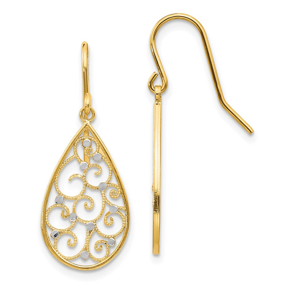 14k and White Rhodium Polished Swirl Teardrop Dangle French Hook Earrings, 29 x 11 mm