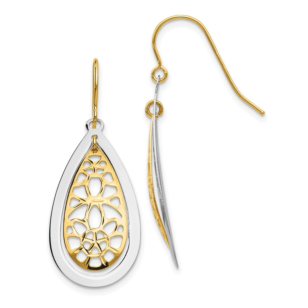 14k Two-tone Diamond-cut Polished Floral Teardrop Dangle French Hook Earrings, 38 x 15 mm