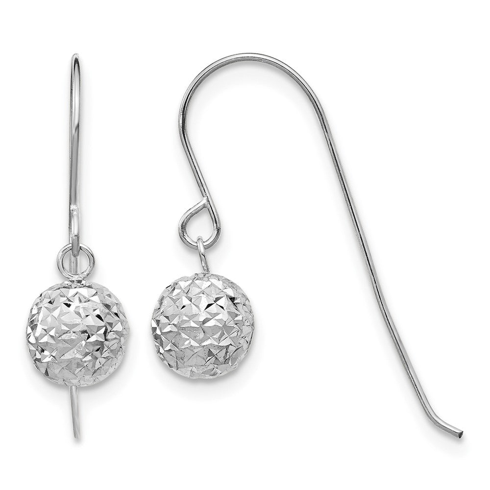 14K White Gold 6mm Diamond-cut Bead Dangle French Hook Earrings, 18 x 6 mm