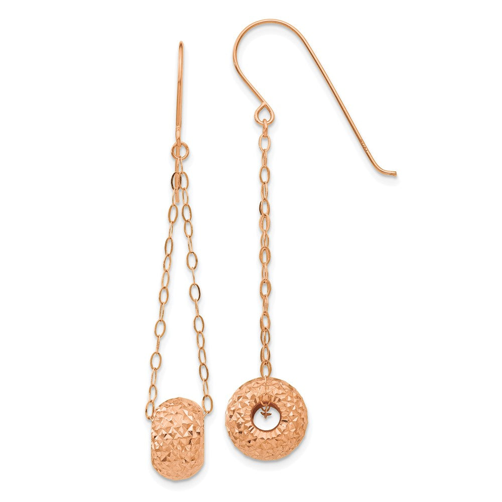 14K Rose Gold Chain with Diamond-cut 8mm Puffed Donut Bead Dangle French Hook Earrings, 51 x 8 mm