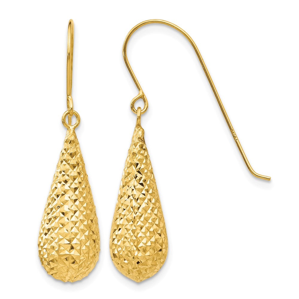 14K Diamond-cut Puffed Teardrop Dangle French Hook Earrings, 29 x 8 mm