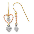 14k Tri-color Diamond-cut Heart Dangle French Hook Earrings, 29 x 11 mm