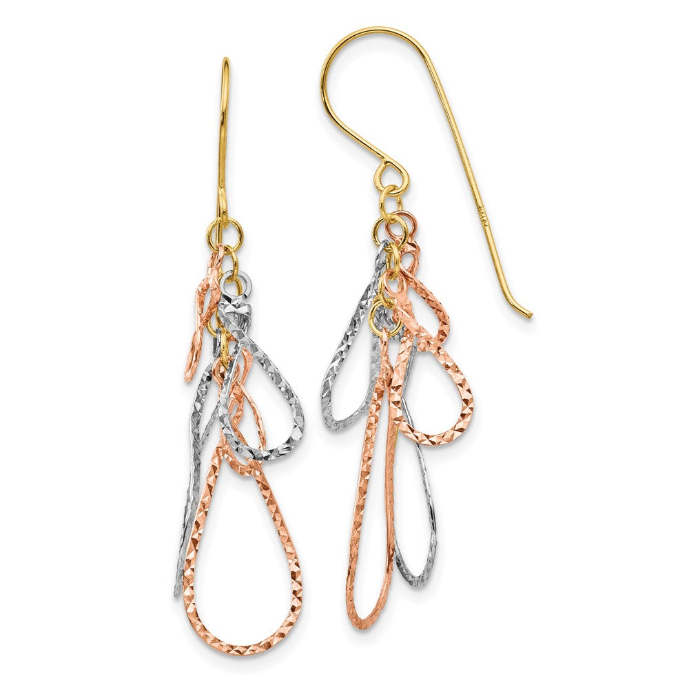14K Tri-color Diamond-cut Teardrops Dangle French Hook Earrings, 44 x 10 mm