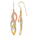 14K Tri-color Diamond-cut Leaves Dangle French Hook Earrings, 52 x 10 mm