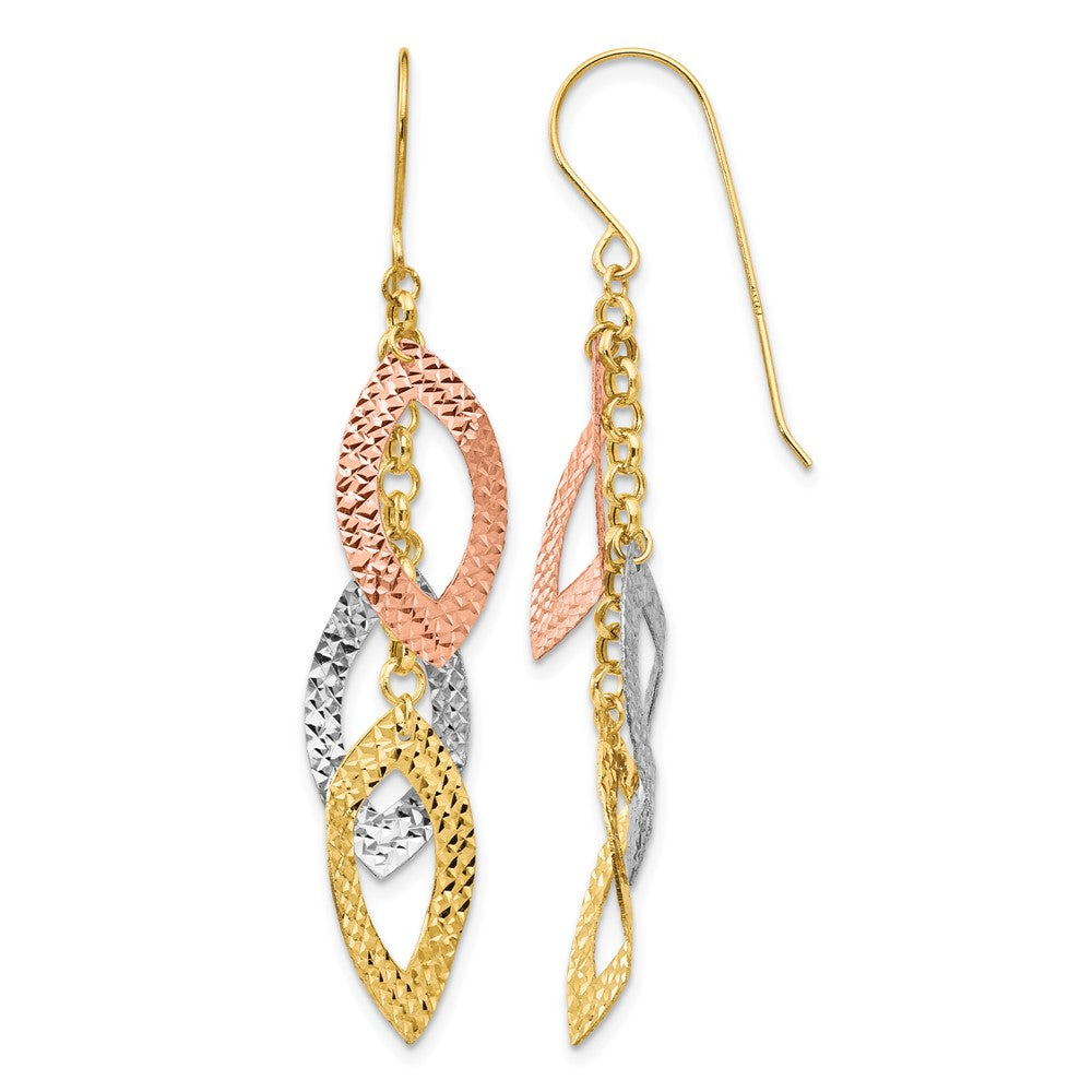 14K Tri-color Diamond-cut Leaves Dangle French Hook Earrings, 52 x 10 mm