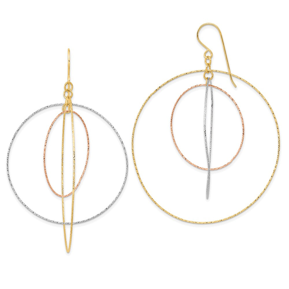 14k Tri-color Diamond-cut Graduated Circles Dangle French Hook Earrings, 70 x 55 mm