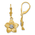 14K and White Rhodium Satin Diamond-cut Large Plumeria Dangle Leverback Earrings, 32 x 16 mm