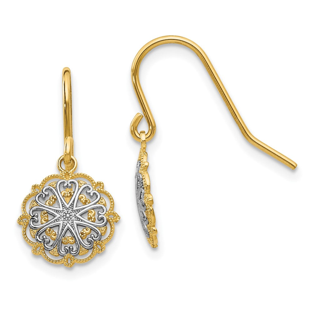 14k and White Rhodium Polished and Textured Medallion Dangle French Hook Earrings, 19 x 10 mm