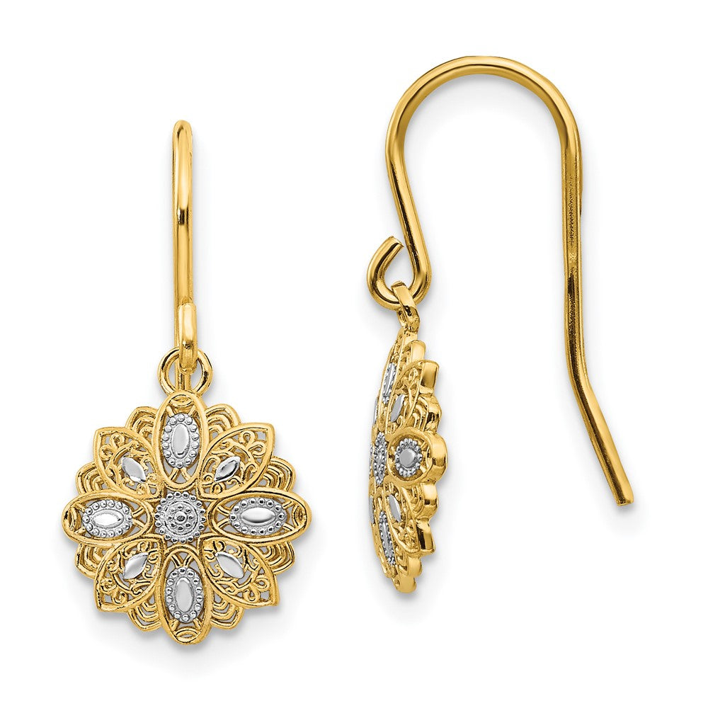 14k and White Rhodium Diamond-cut Polished Medallion Dangle Wire Earrings, 19 x 10 mm