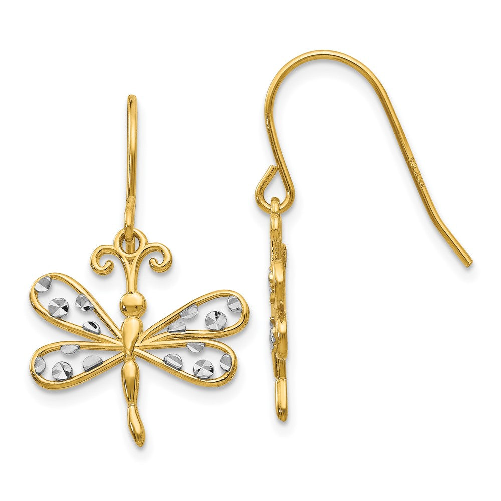 14k and White Rhodium Diamond-cut Dragonfly Dangle French Hook Earrings, 26 x 16 mm