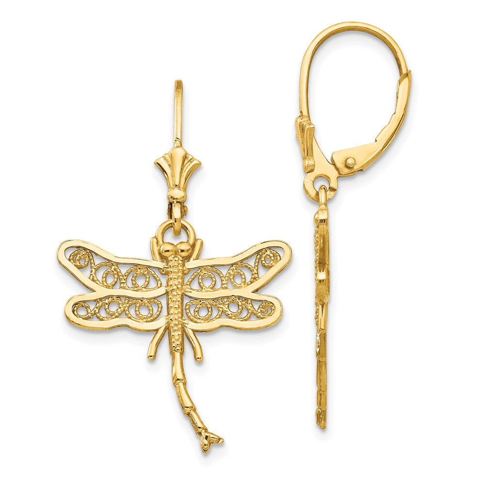 14k Dragonfly with Filigree Wings Dangle Leverback Earrings, 37 x 21 mm