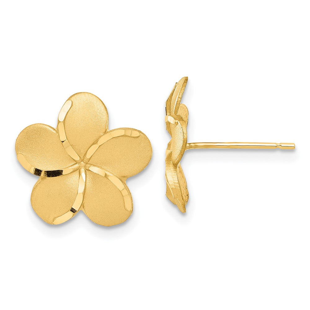 14k Satin Diamond-cut Plumeria Post Earrings, 18 x 14 mm