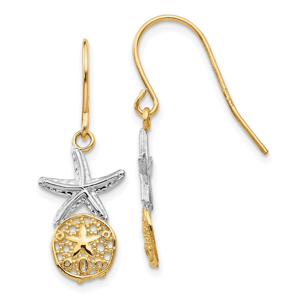 14k & Rhodium Starfish w/Sand Dollar Shepherd Hook Earrings, 29 x 11 mm