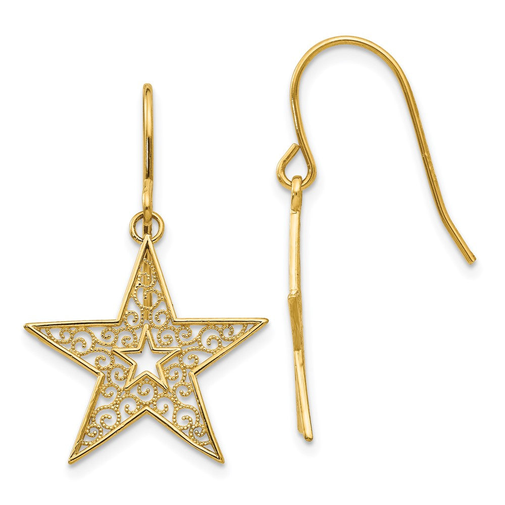 14k Filigree Star French Hook Earrings, 31 x 19 mm
