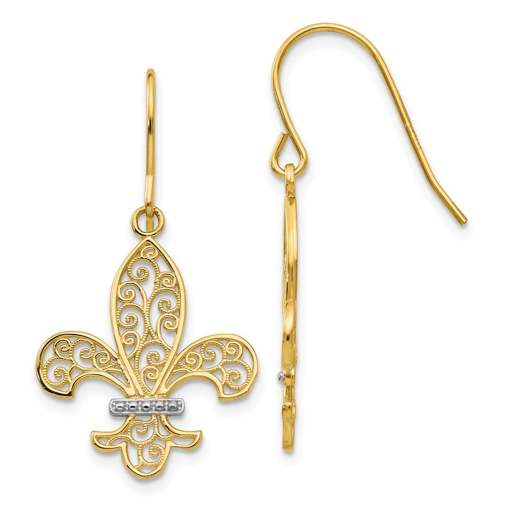 14k and White Rhodium Filigree Fleur de lis Dangle French Hook Earrings, 34 x 18 mm