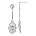 14k White Gold Diamond-cut Filigree Medallion Dangle Post Earrings, 42 x 13 mm