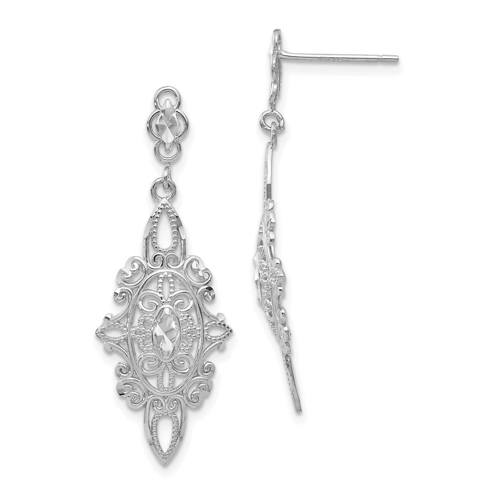 14k White Gold Diamond-cut Filigree Dangle Post Earrings, 36 x 13 mm