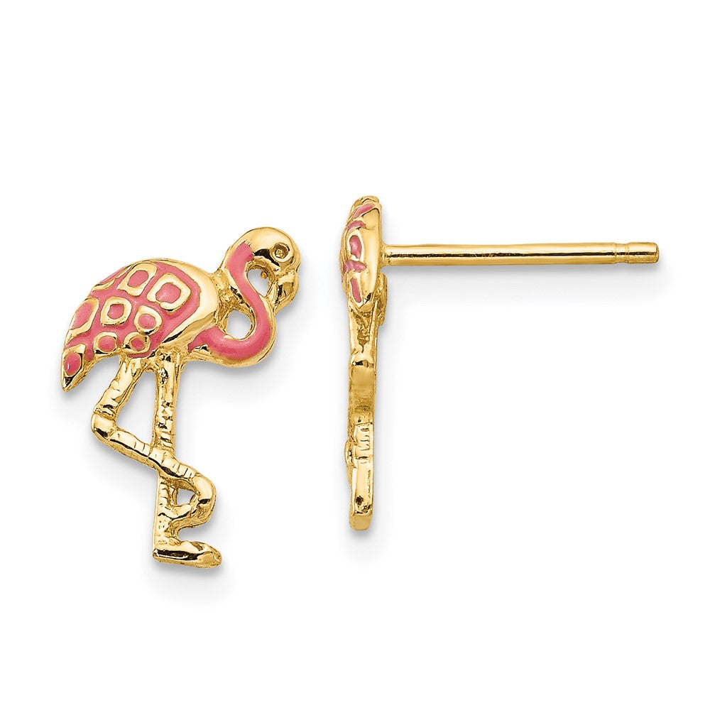 14k Pink Enameled Flamingo Post Earrings, 13 x 9 mm