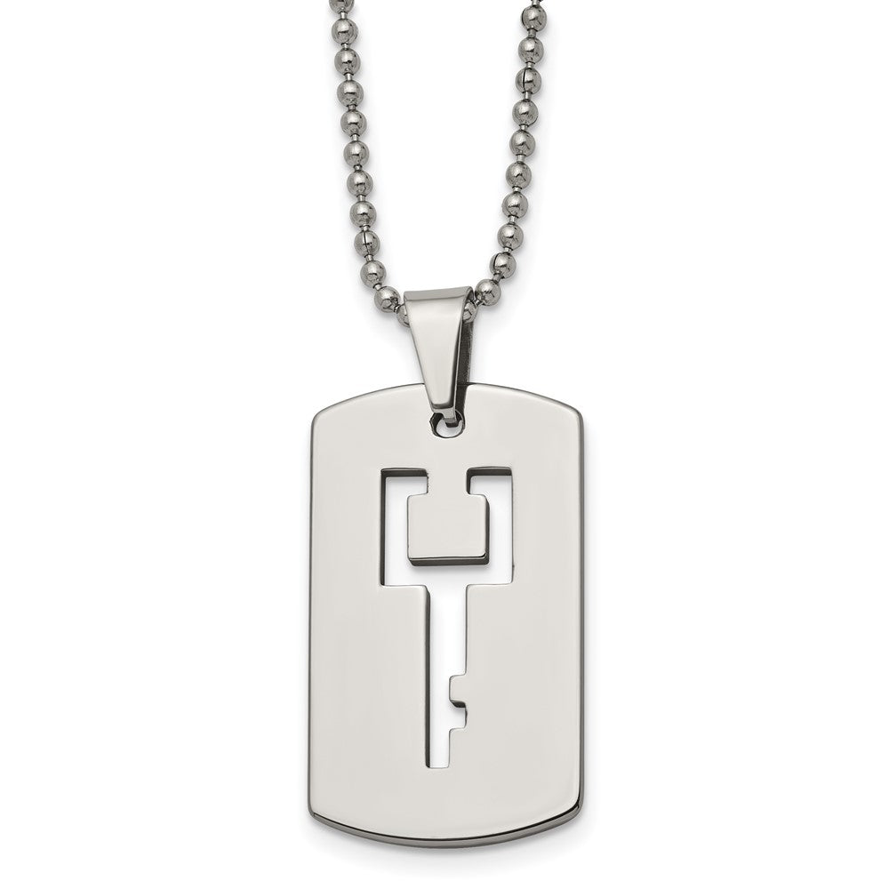 Chisel Tungsten Polished Dog Tag with Key Cut-out 22 inch Necklace, 22 x 20 mm