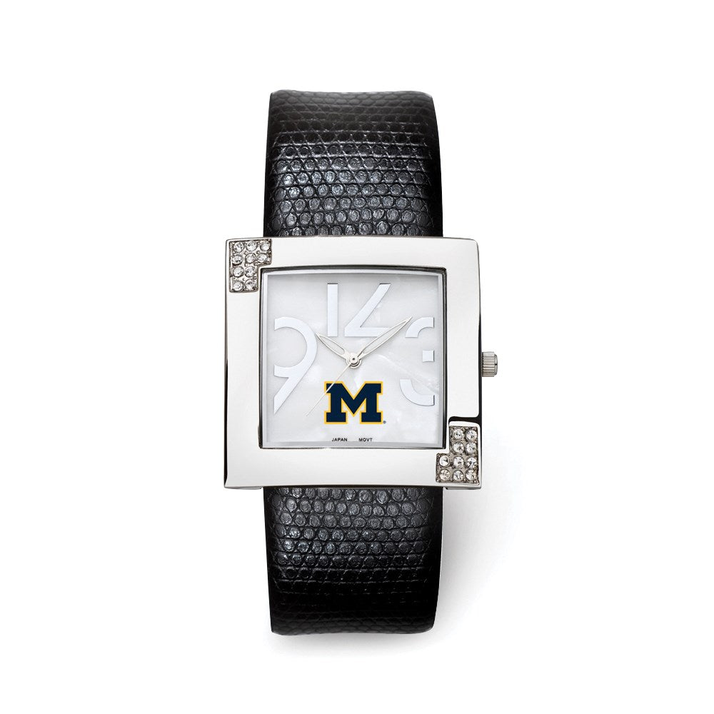 University of Michigan Chrome Glamour Leather Strap Watch