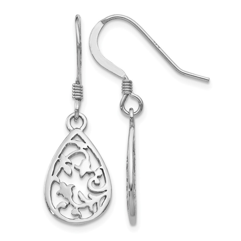 Sterling Silver Rhod-pltd  Polished Shepherd Hook Dangle Earrings, 32 x 10 mm