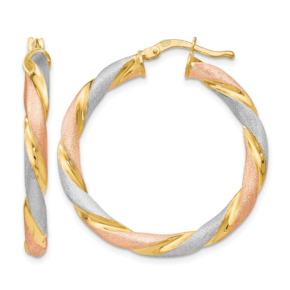 Sterling Silver Tri-color Twisted Hinged Hoop Earrings, 33 x 3.4 mm
