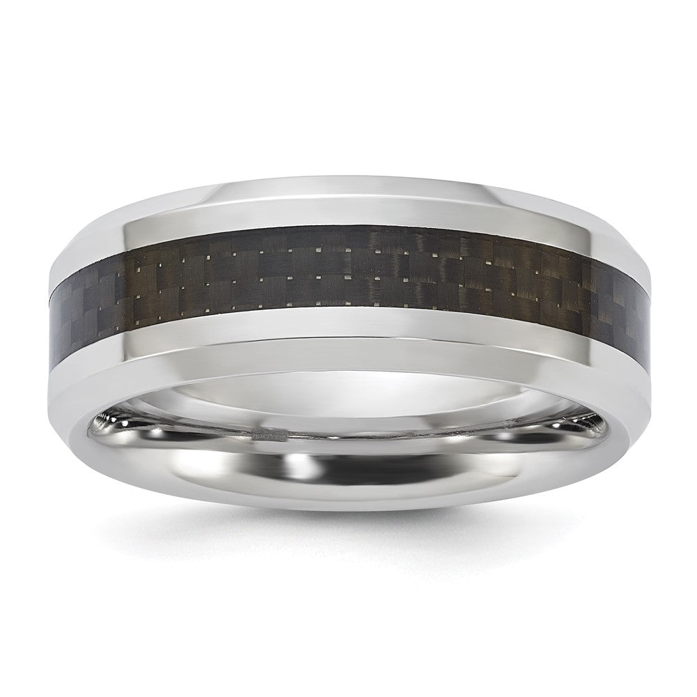 Vitalium Black Polished Carbon Fiber Inlay Beveled Edge 8mm Band, Size 10, 8 mm
