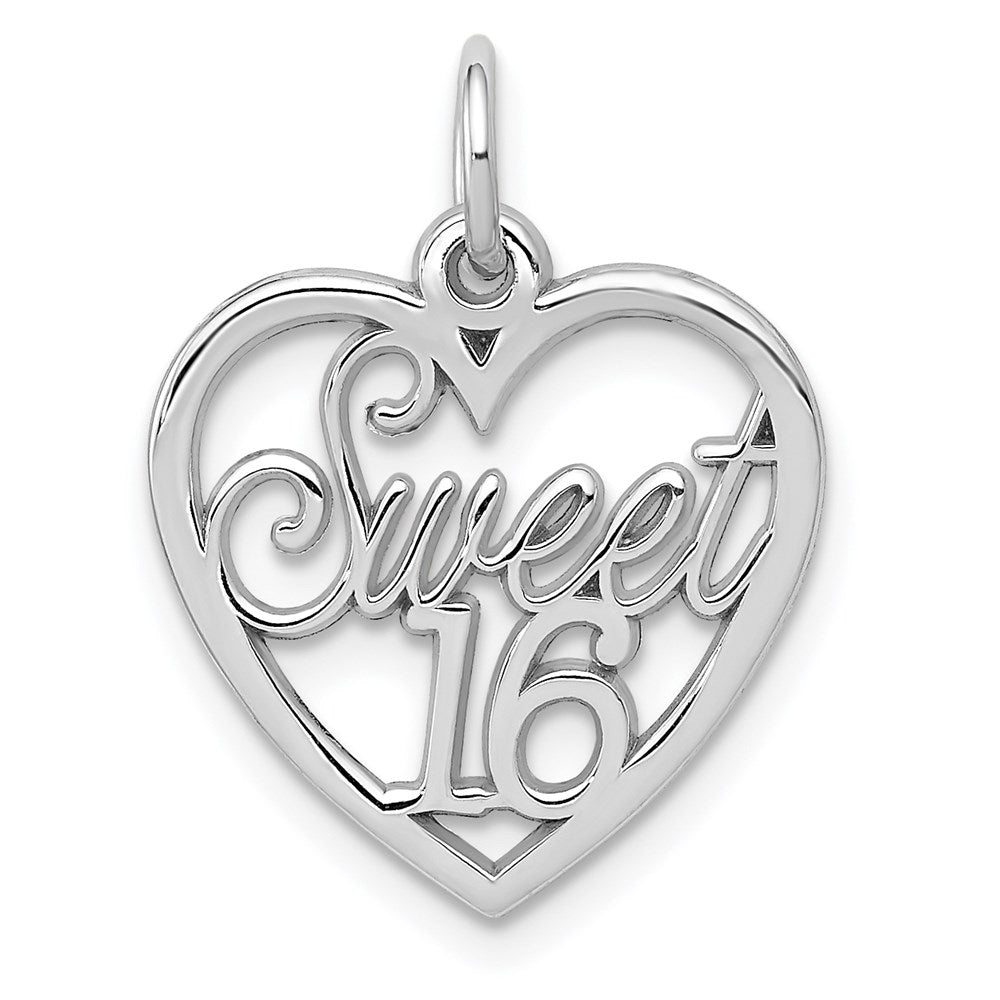 14k White Gold SWEET 16 in Heart Charm, 19 x 16 mm