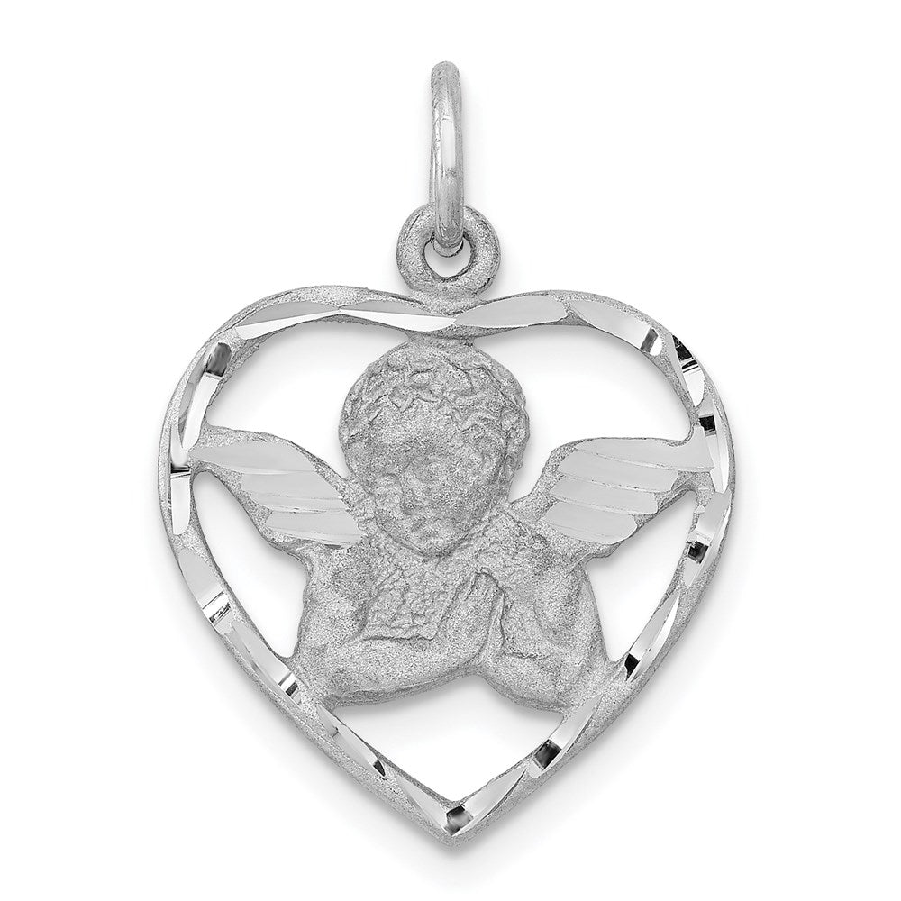 14k White Gold Cut-out Angel in Heart Charm, 24 x 18 mm