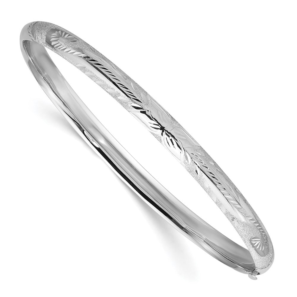 14k 3/16 White Gold Florentine Engraved 5.00mm Hinged Round Bangle Bracelet, 7 x 5 mm