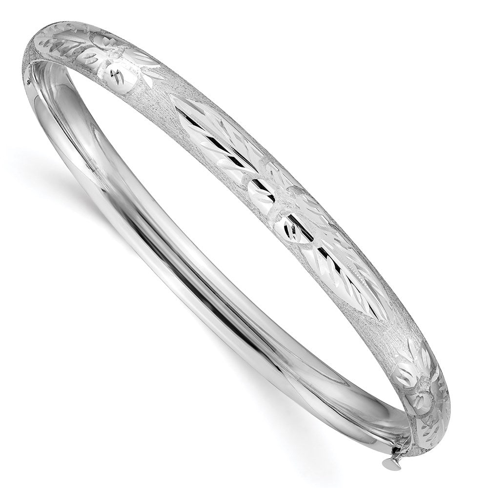 14k 4/16 White Gold Florentine Engraved 6.00mm Hinged Round Bangle Bracelet, 7 x 6 mm