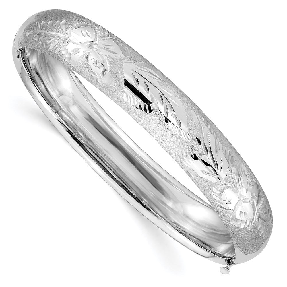 14k 7/16 White Gold Florentine Engraved 10.00mm Hinged Round Bangle Bracelet, 7 x 10 mm