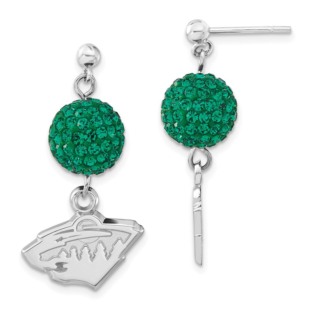 Sterling Silver NHL Minnesota Wild Green Crystal Post Dangle Earrings, 31.6 x 15.9 mm