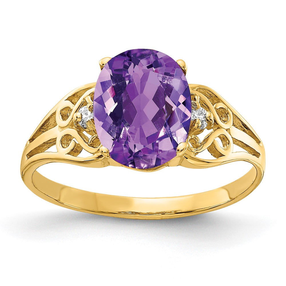 14k 9x7mm Oval Amethyst and 1/20 carat AAA Diamond Filigree Ring, 1.634 ct, Size 6