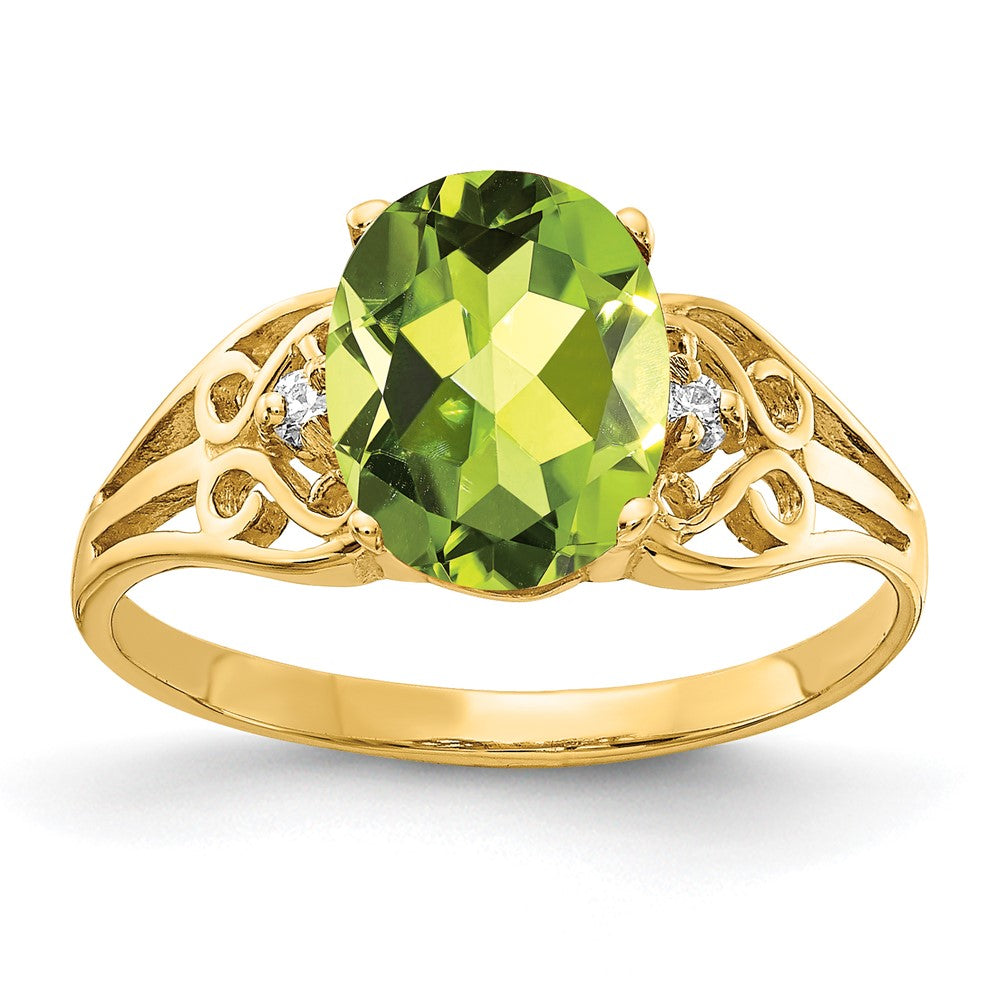 14k 9x7mm Oval Peridot and VS Diamond Filigree Ring, 1.984 ct, Size 6
