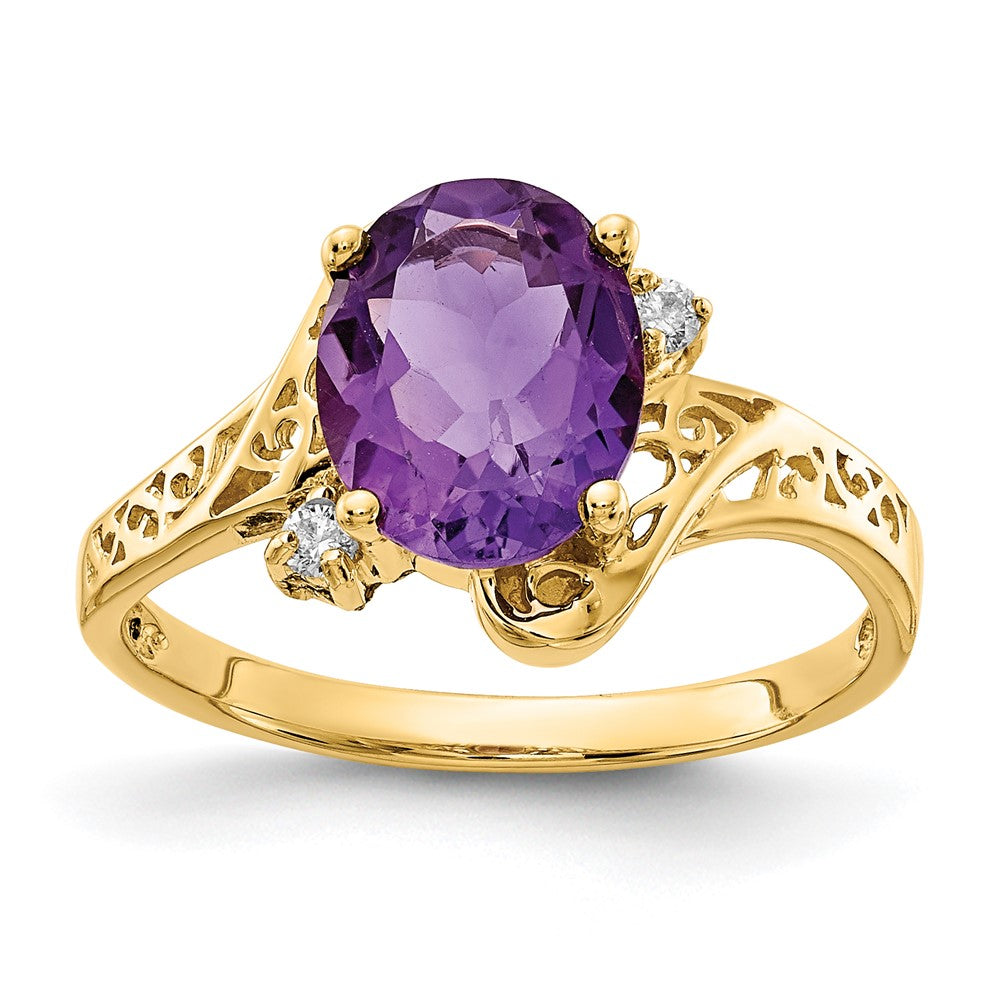 14k 9x7mm Oval Amethyst and AAA Diamond Ring, 1.634 ct, Size 6