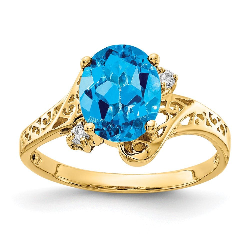 14k 9x7mm Oval Blue Topaz and VS Diamond Ring, 2.334 ct, Size 6