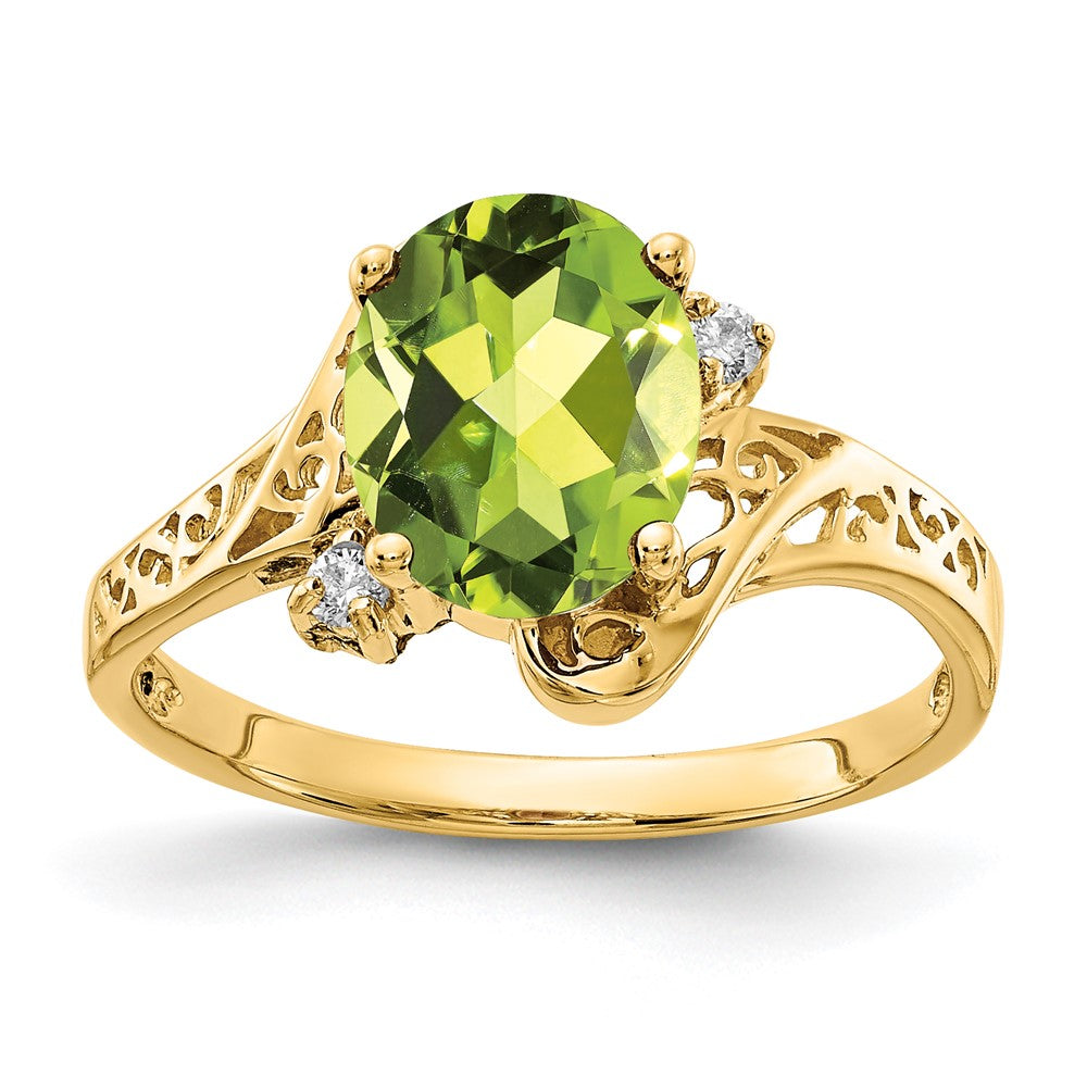 14k 9x7mm Oval Peridot and AA Diamond Ring, 1.984 ct, Size 6