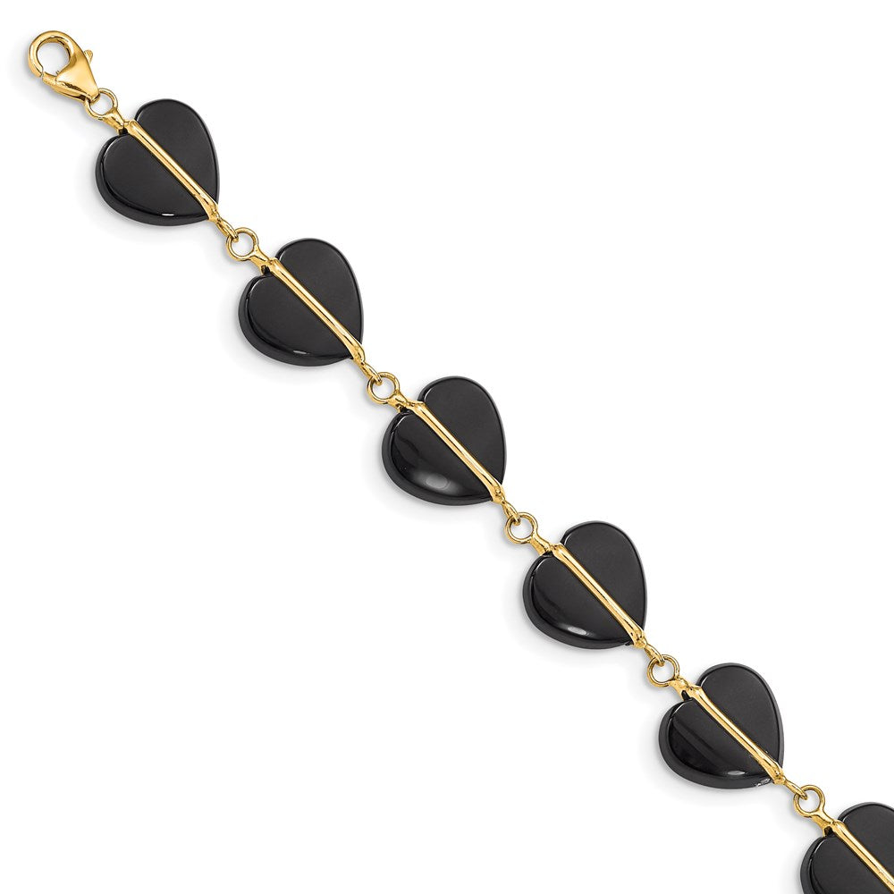 14k Black Onyx Hearts 7 inch Bracelet, 7 mm