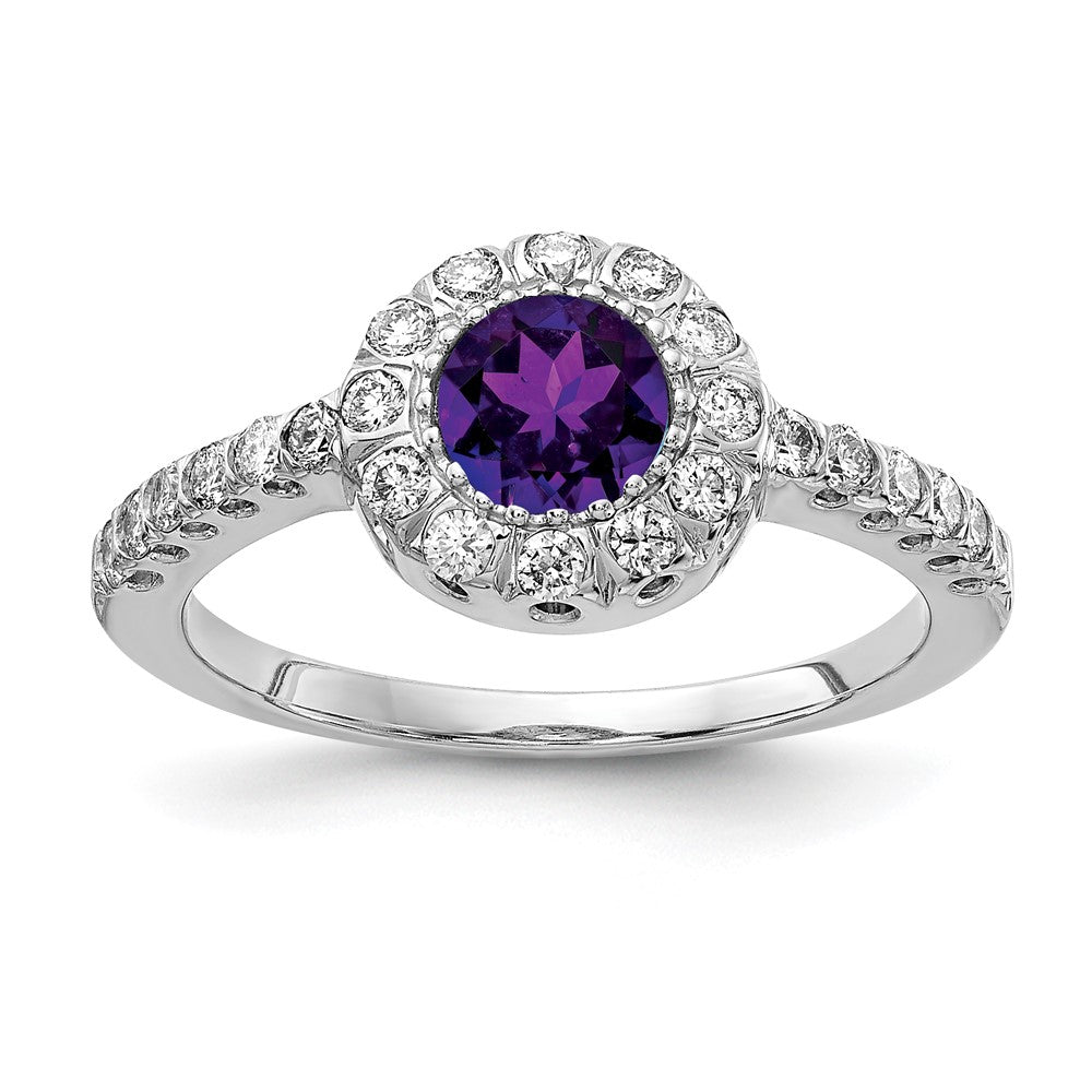 14k White Gold 5mm Round Amethyst and 1/3 carat AA Diamond Halo Ring, 0.78 ct, Size 6