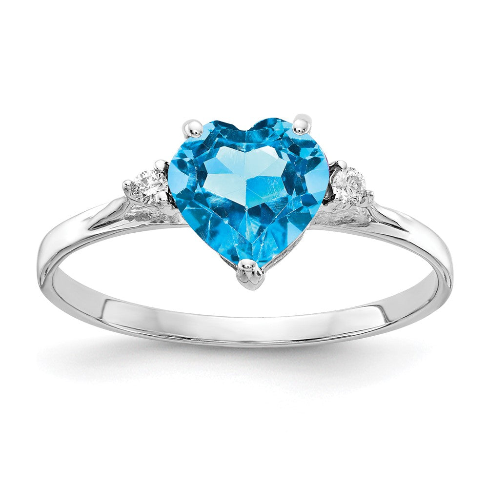 14k White Gold 7mm Heart Blue Topaz and 1/20 carat A Diamond Ring, 1.754 ct