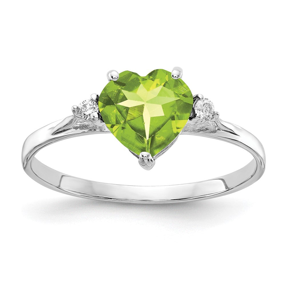 14k White Gold 7mm Heart Peridot and AA Diamond Ring, 1.434 ct