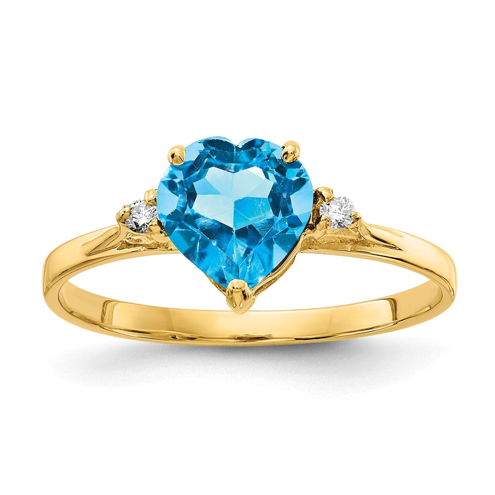 14k 7mm Heart Blue Topaz and 1/20 carat AA Diamond Ring, 1.754 ct, Size 7.5