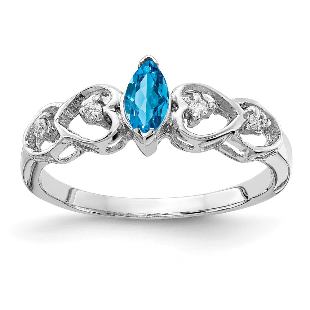 14k White Gold 6x3mm Marquise Blue Topaz and 1/20 carat AA Diamond Heart Shank Ring, 0.328 ct